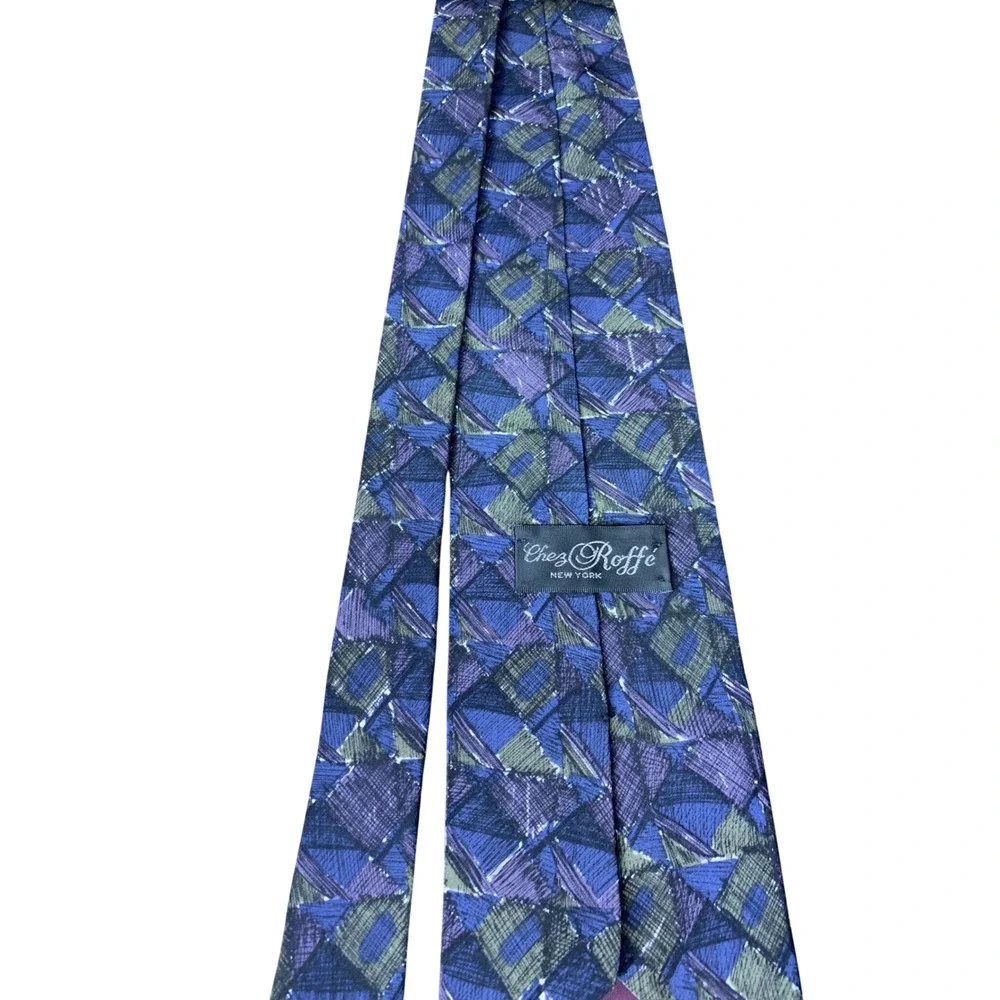 Chez Roffe New York‎ Men's Necktie Blue Purple Geometric Silk Blend Pattern